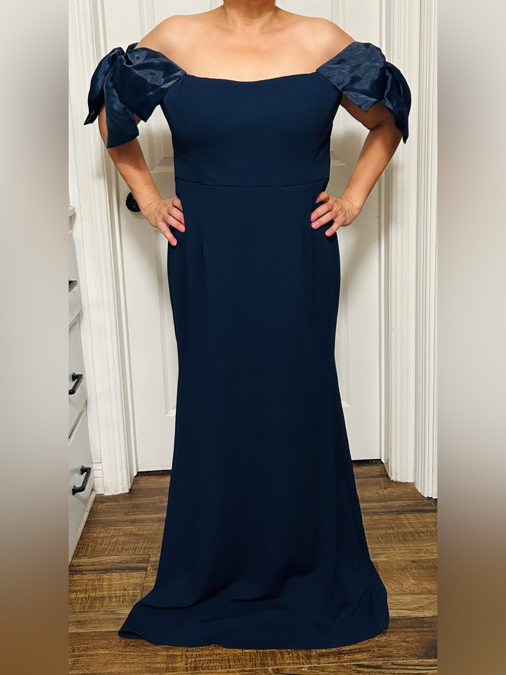Fashion Nova Navy Off-Shoulder Maxi Dress with Bow Sleeves